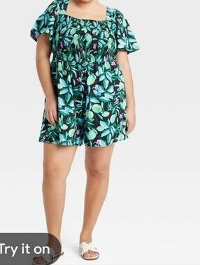 Ava & Viv 2X Floral Romper Flutter Sleeves Tube Top Pockets